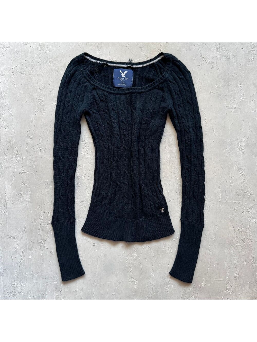 Vintage Y2K American Eagle Navy Blue Cable Knit Baby Doll Sweater Women's XS